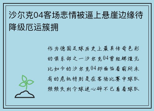 沙尔克04客场悲情被逼上悬崖边缘待降级厄运簇拥