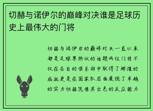切赫与诺伊尔的巅峰对决谁是足球历史上最伟大的门将